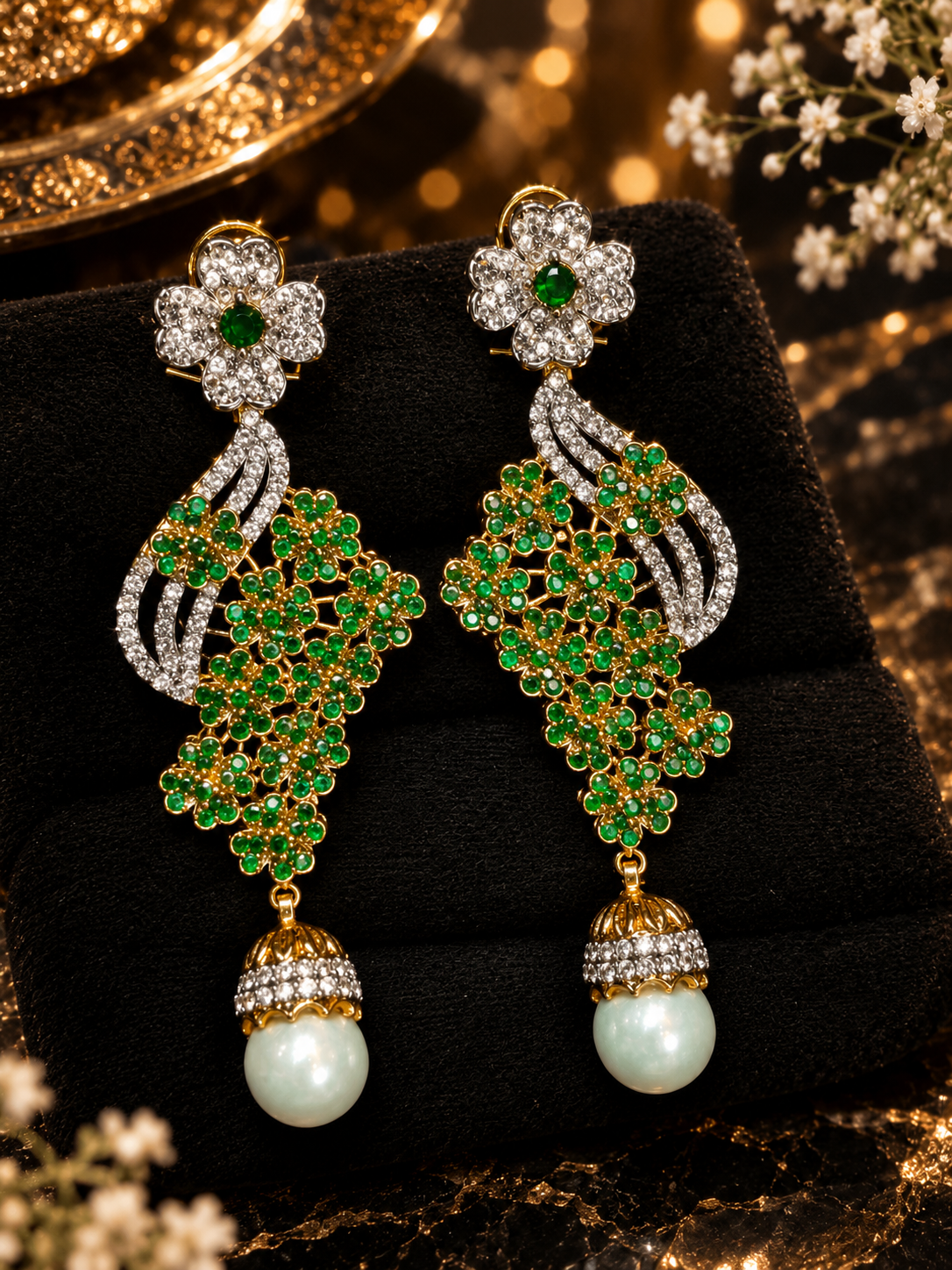 Emerald Bloom Pearl Earrings