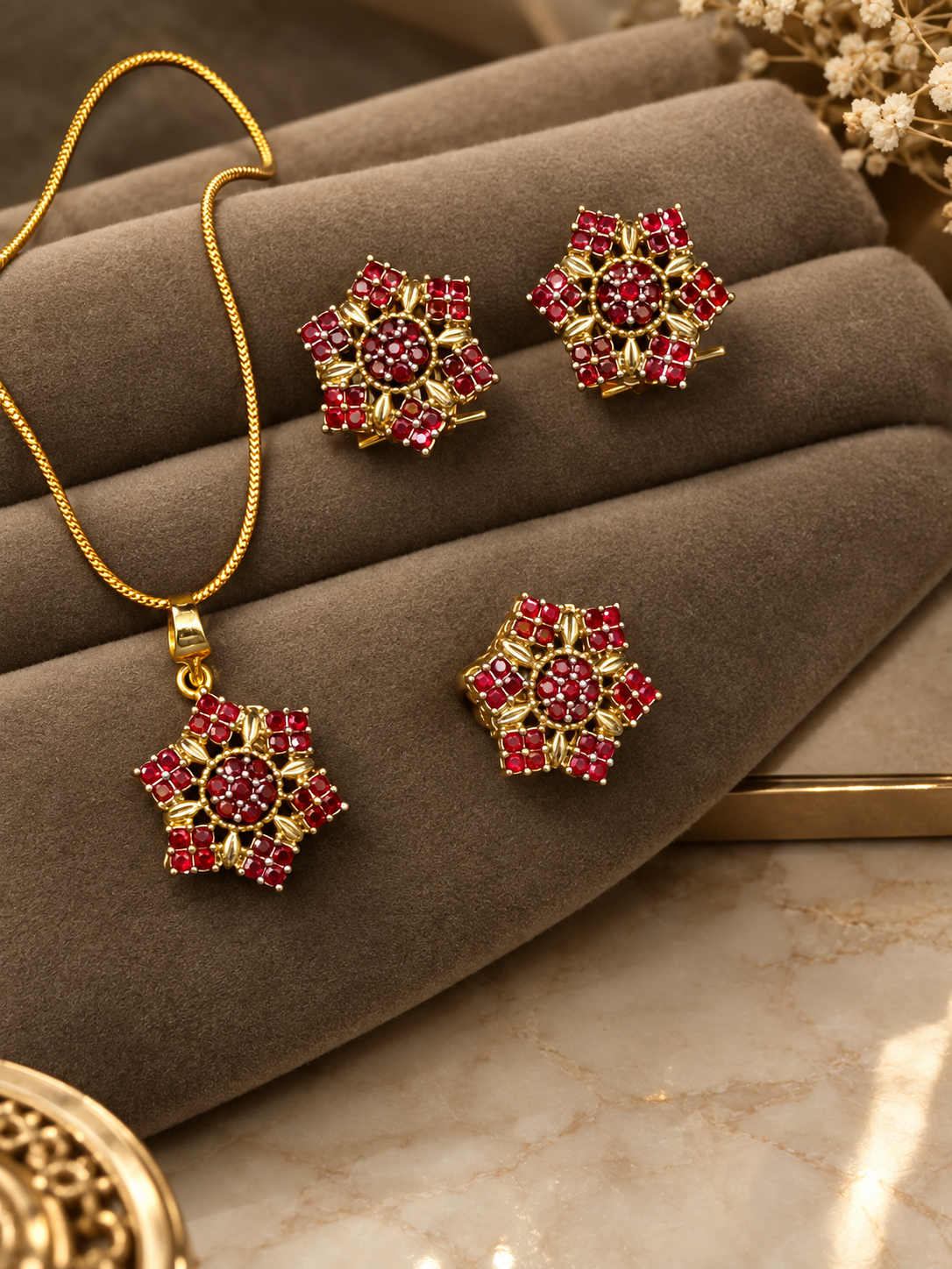Royal Floral Ruby & Crystal Gold-Plated Jewelry Set – Necklace, Earrings & Ring