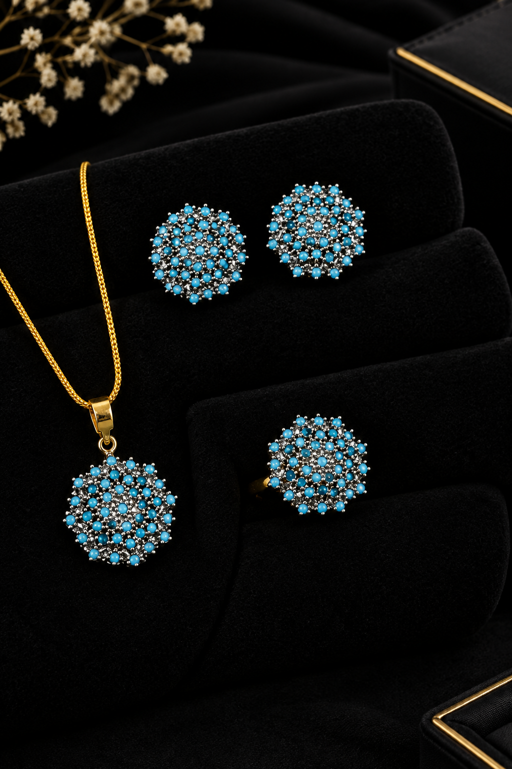 Elegant Turquoise Stone Jewelry Set – Statement Earrings, Pendant & Ring