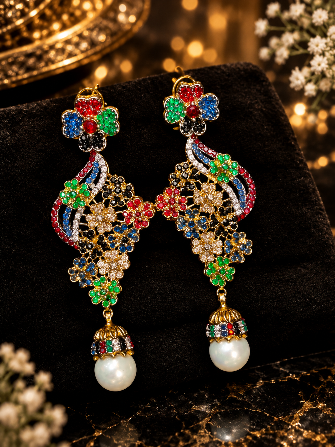 Emerald Bloom Pearl Earrings