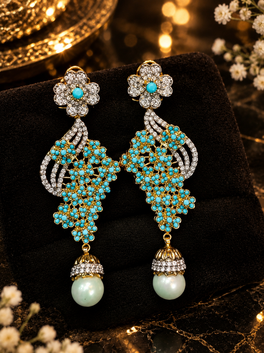 Emerald Bloom Pearl Earrings
