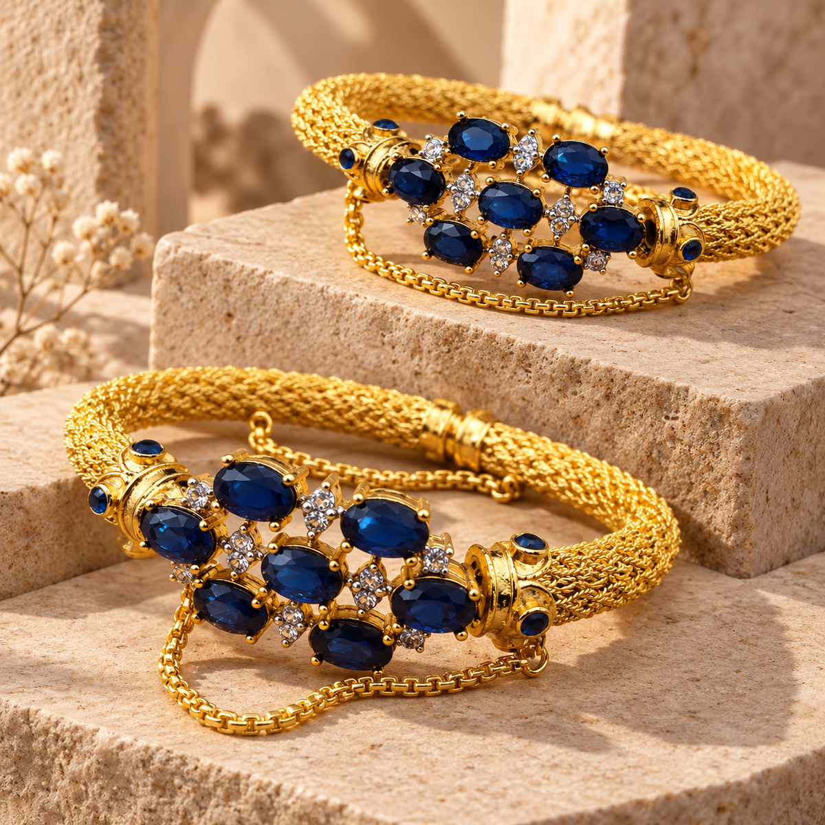 Luxury Gold Plated Gemstone Bracelets Pair of Two