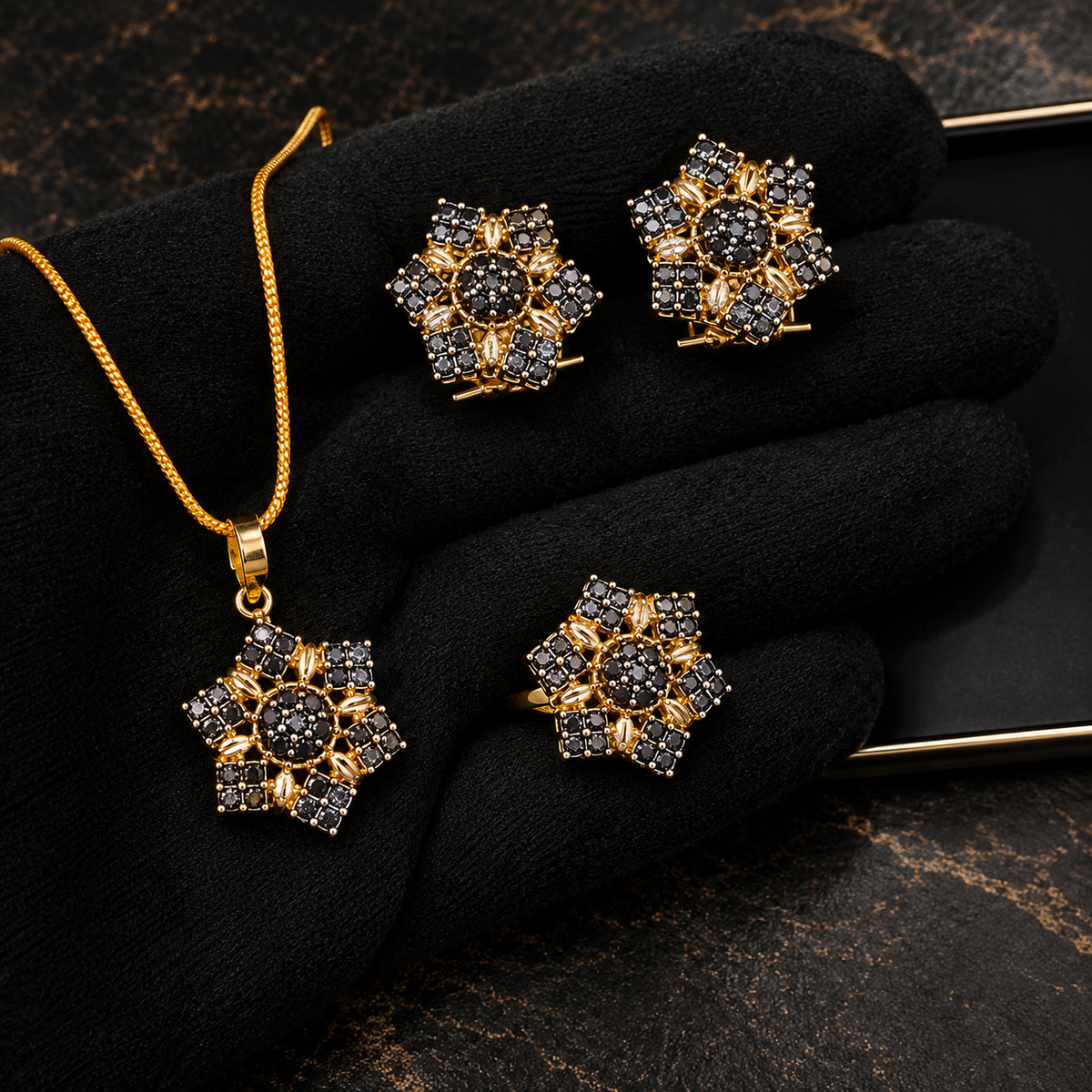 Royal Floral Ruby & Crystal Gold-Plated Jewelry Set – Necklace, Earrings & Ring