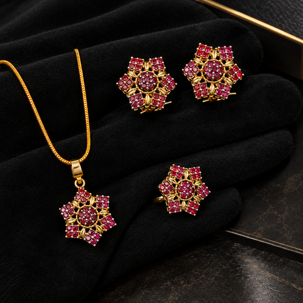 Royal Floral Ruby & Crystal Gold-Plated Jewelry Set – Necklace, Earrings & Ring