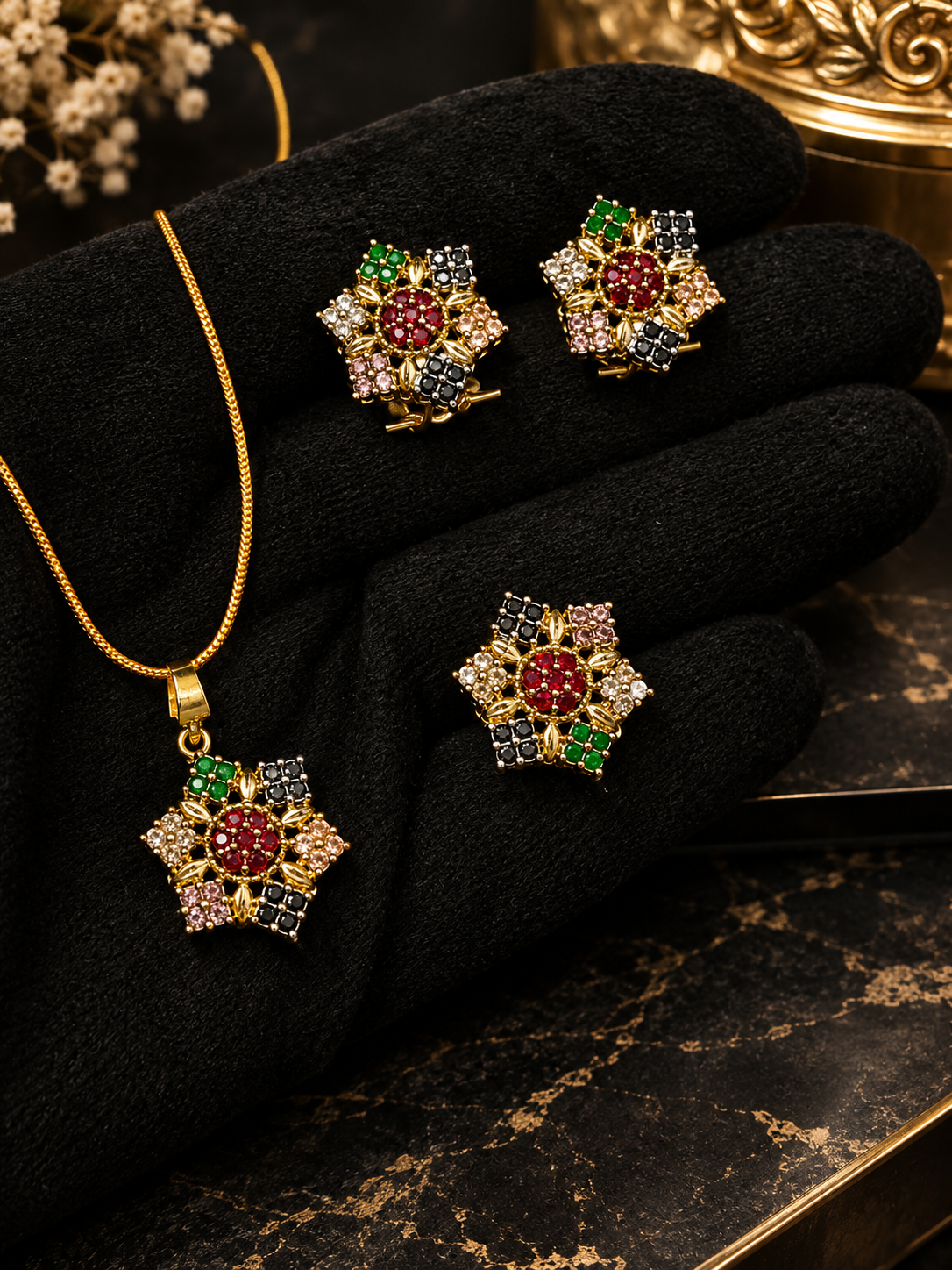 Royal Floral Ruby & Crystal Gold-Plated Jewelry Set – Necklace, Earrings & Ring
