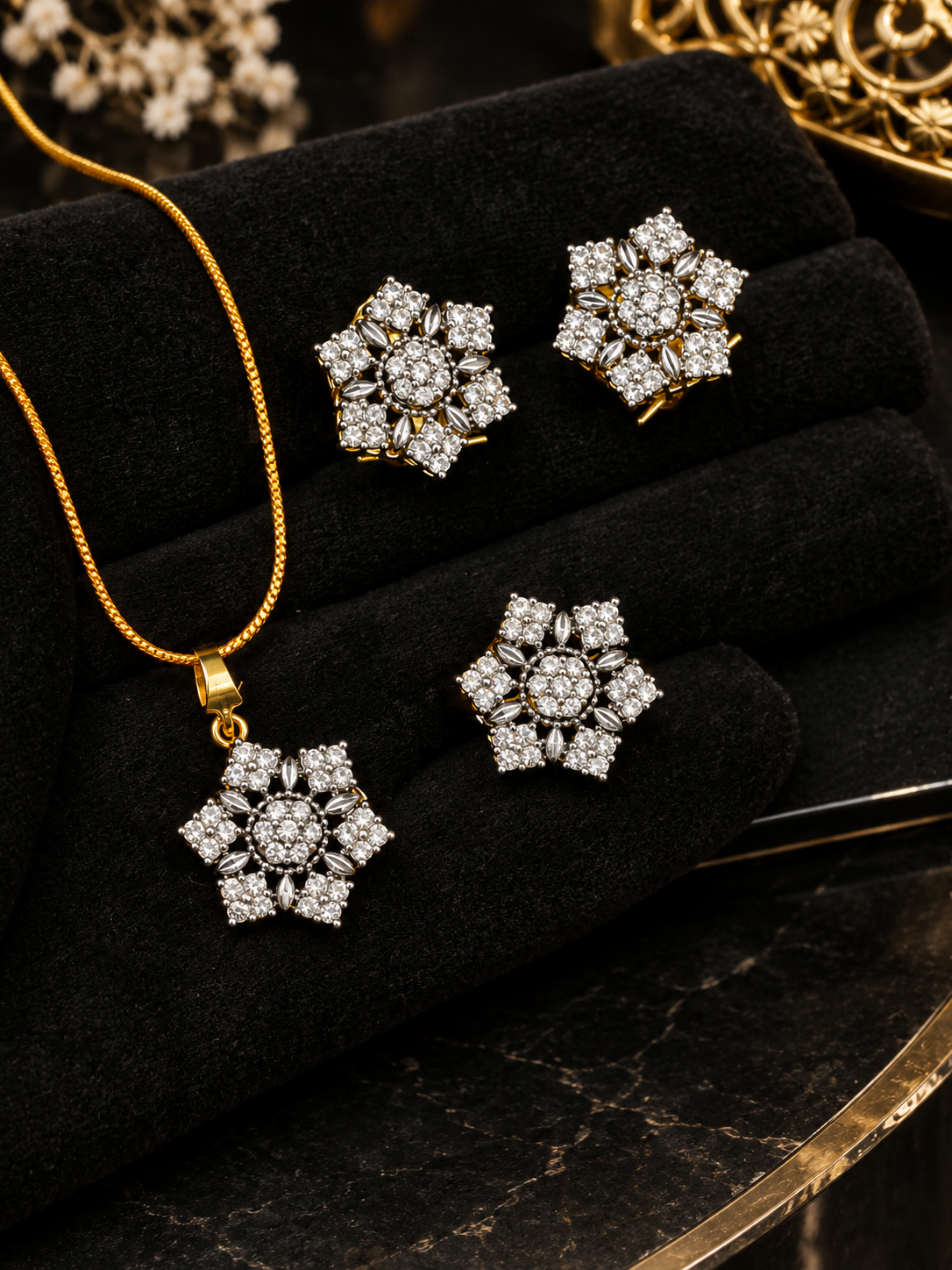 Royal Floral Ruby & Crystal Gold-Plated Jewelry Set – Necklace, Earrings & Ring