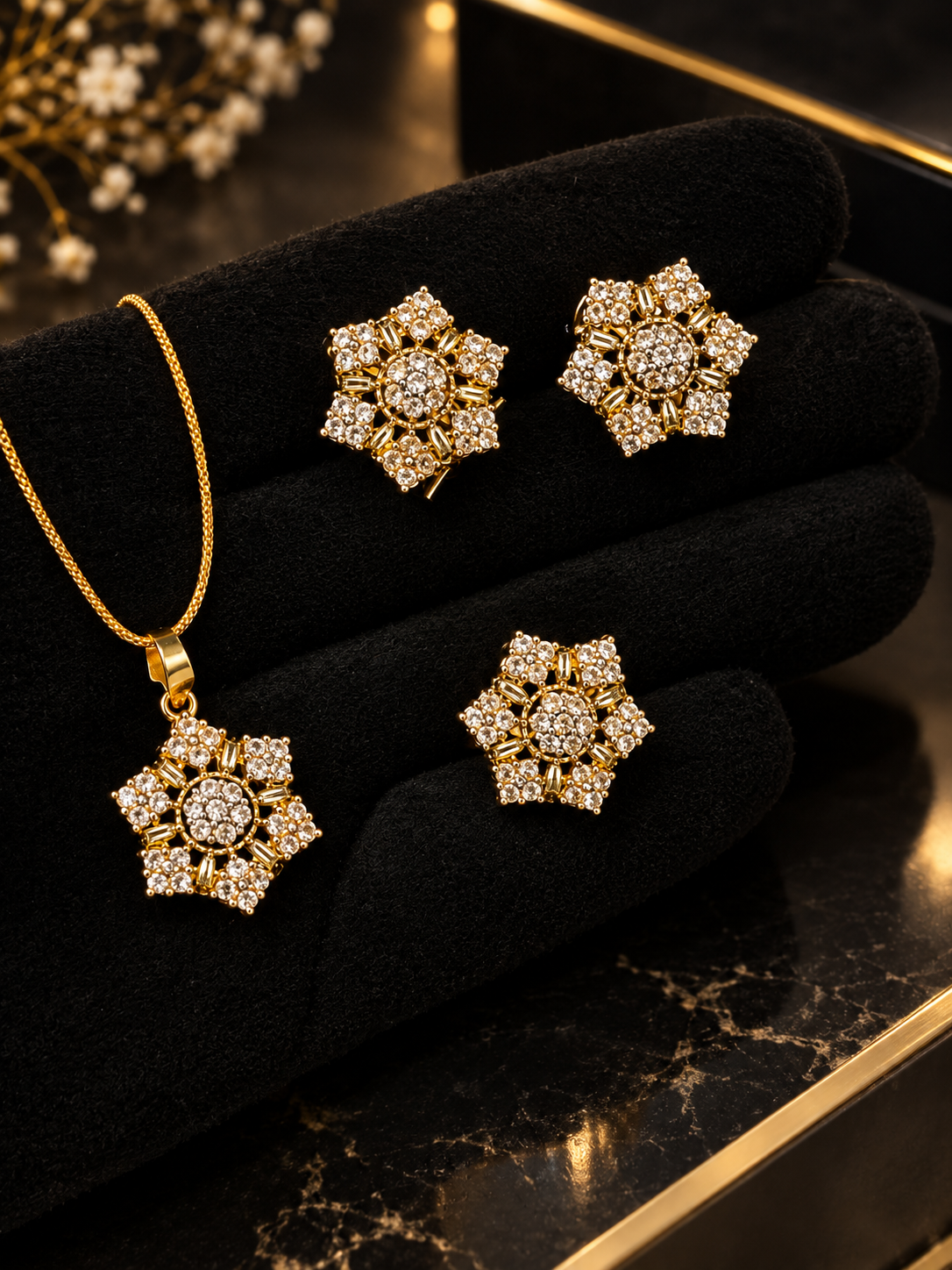 Royal Floral Ruby & Crystal Gold-Plated Jewelry Set – Necklace, Earrings & Ring