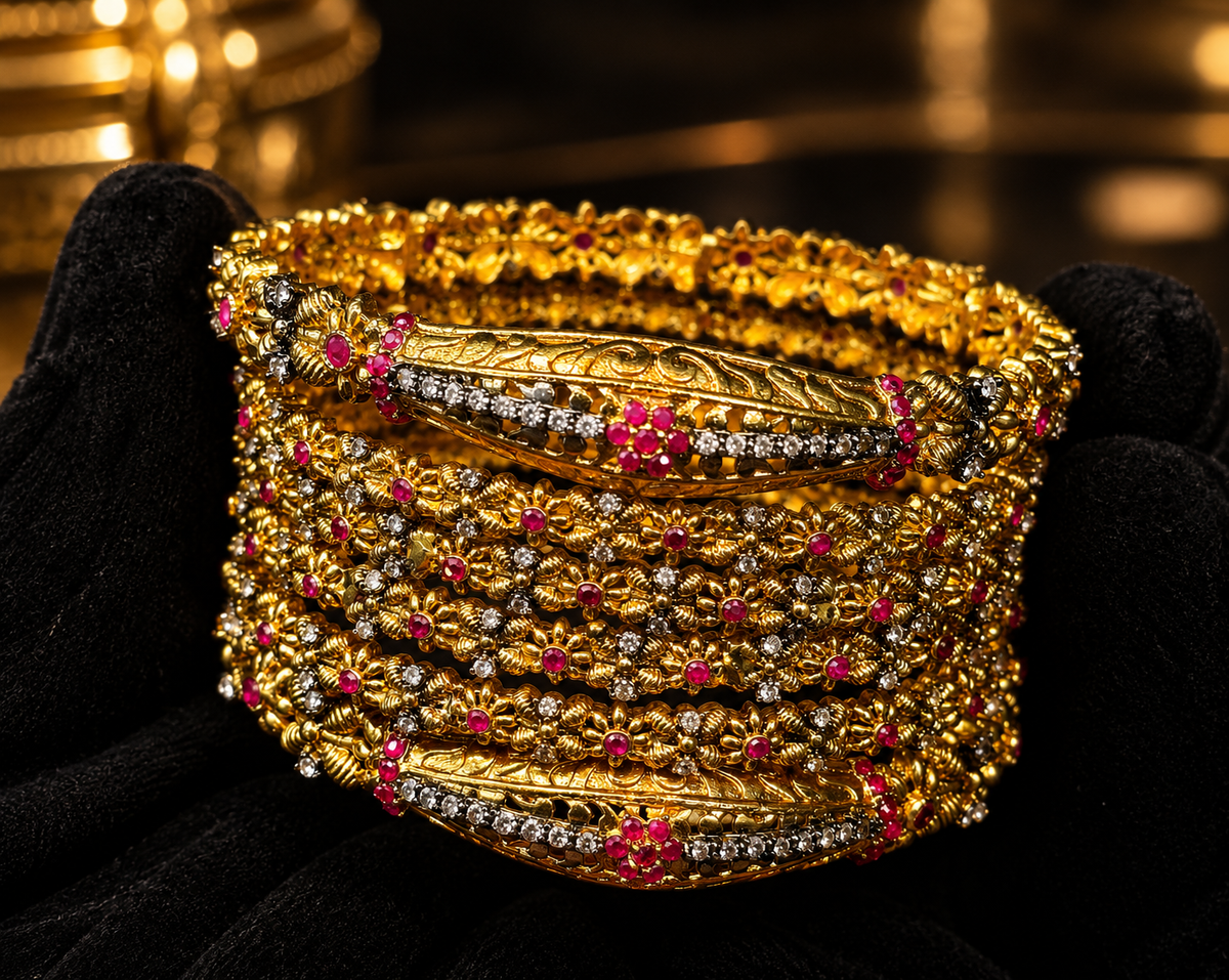 Traditional Gold Bangle Set with Ruby & White Stones Set Of Four