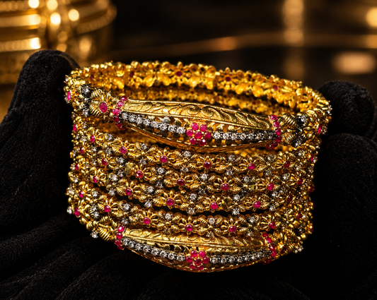 Traditional Gold Bangle Set with Ruby & White Stones Set Of Four