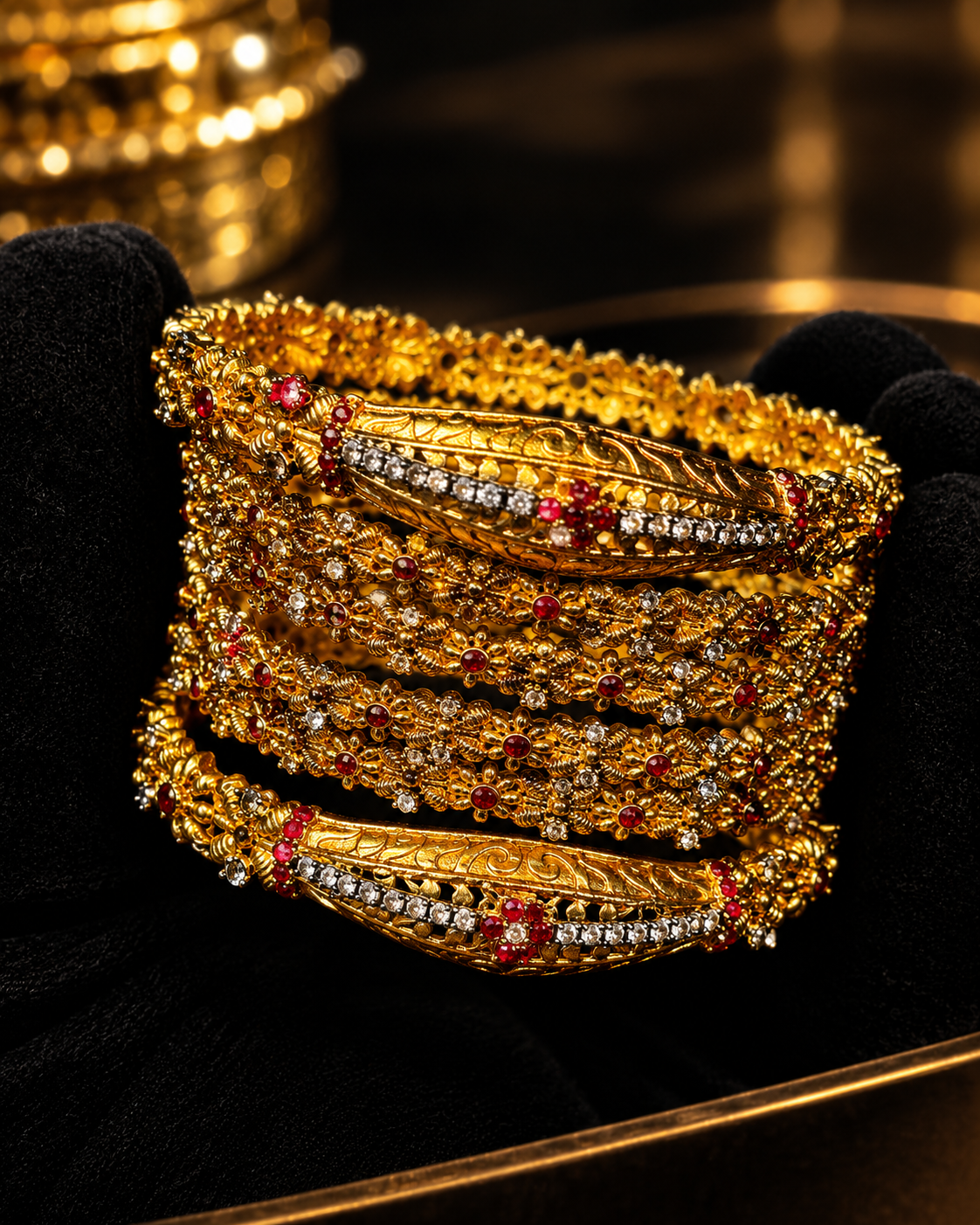 Traditional Gold Bangle Set with Ruby & White Stones Set Of Four