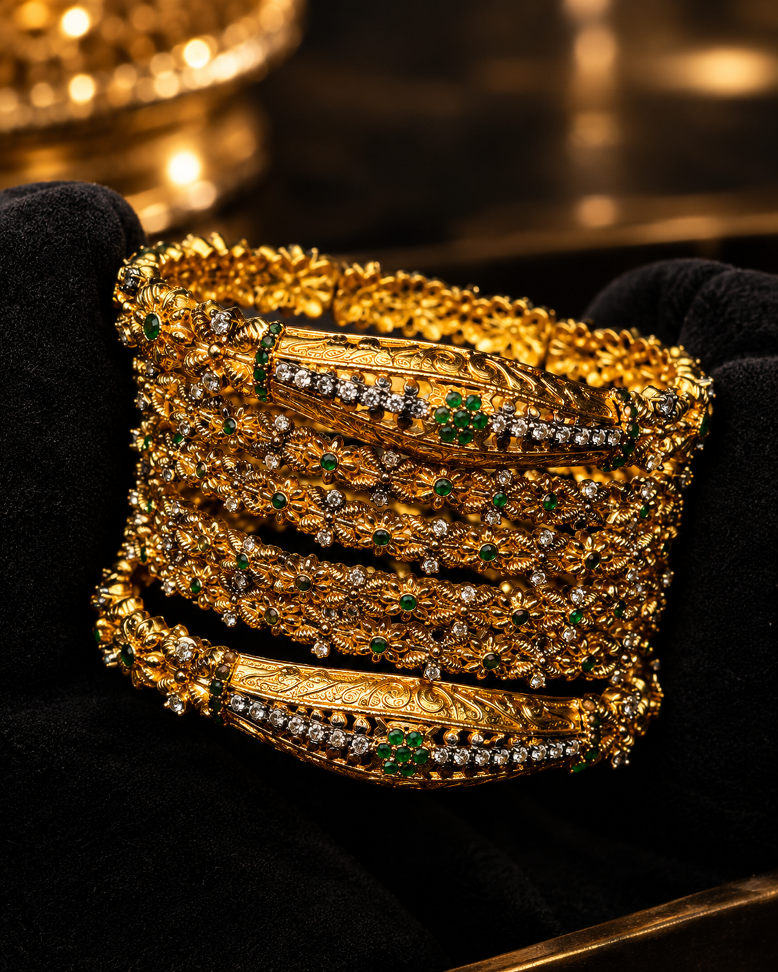 Traditional Gold Bangle Set with Ruby & White Stones Set Of Four