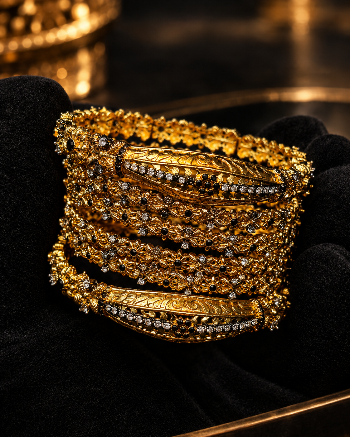 Traditional Gold Bangle Set with Ruby & White Stones Set Of Four