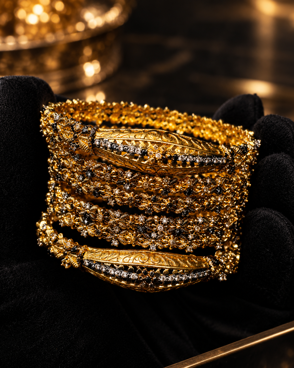Traditional Gold Bangle Set with Ruby & White Stones Set Of Four
