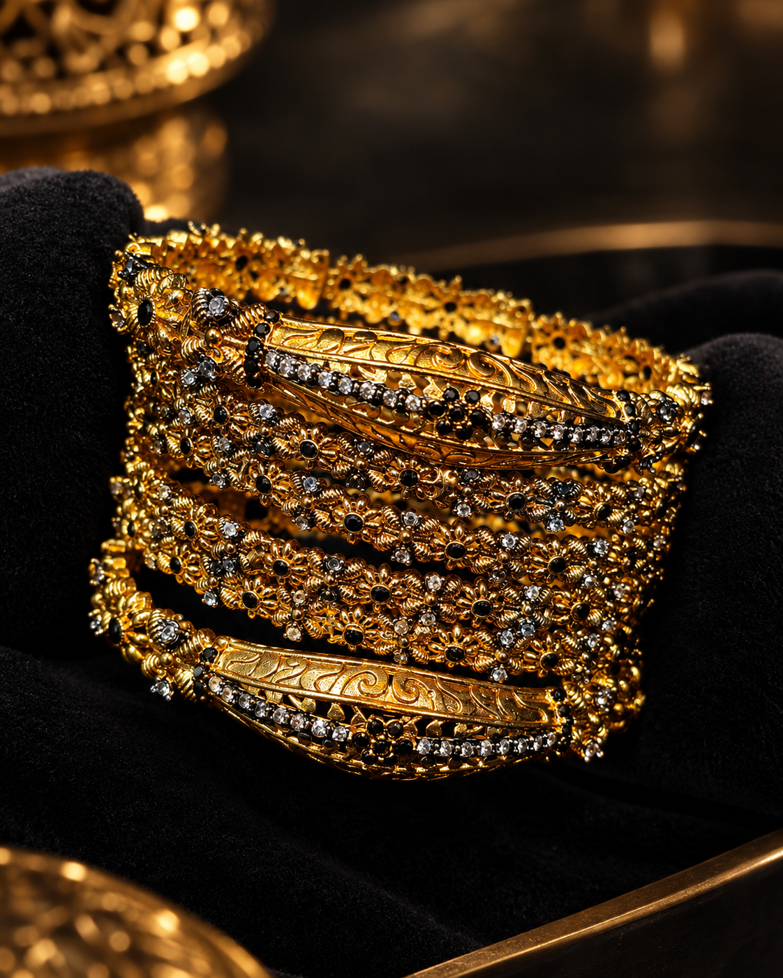 Traditional Gold Bangle Set with Ruby & White Stones Set Of Four