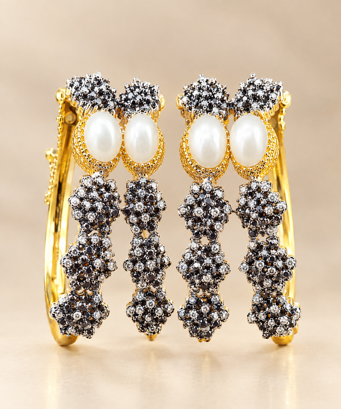 Elegant Pearl & Black Stone Gold-Tone Drop Bracalets