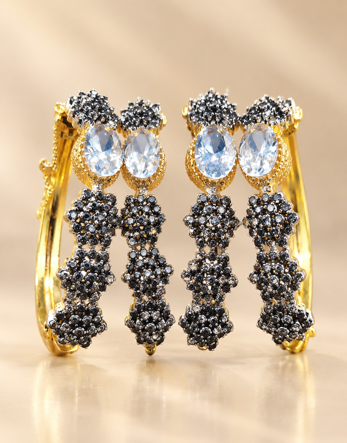 Elegant Pearl & Black Stone Gold-Tone Drop Bracalets