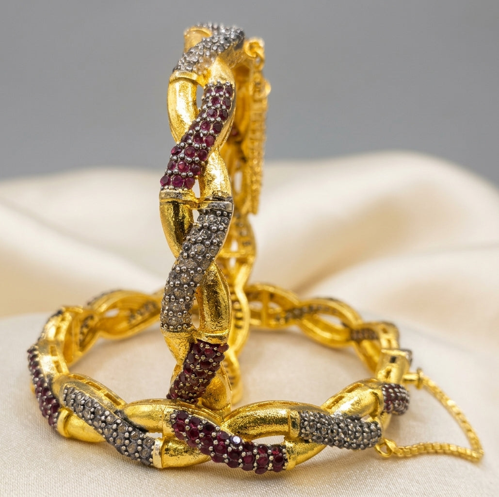 Exquisite 22K Gold-Plated Intertwined Bamboo Designer Bangles with Multi-Stone & Pearl Accents