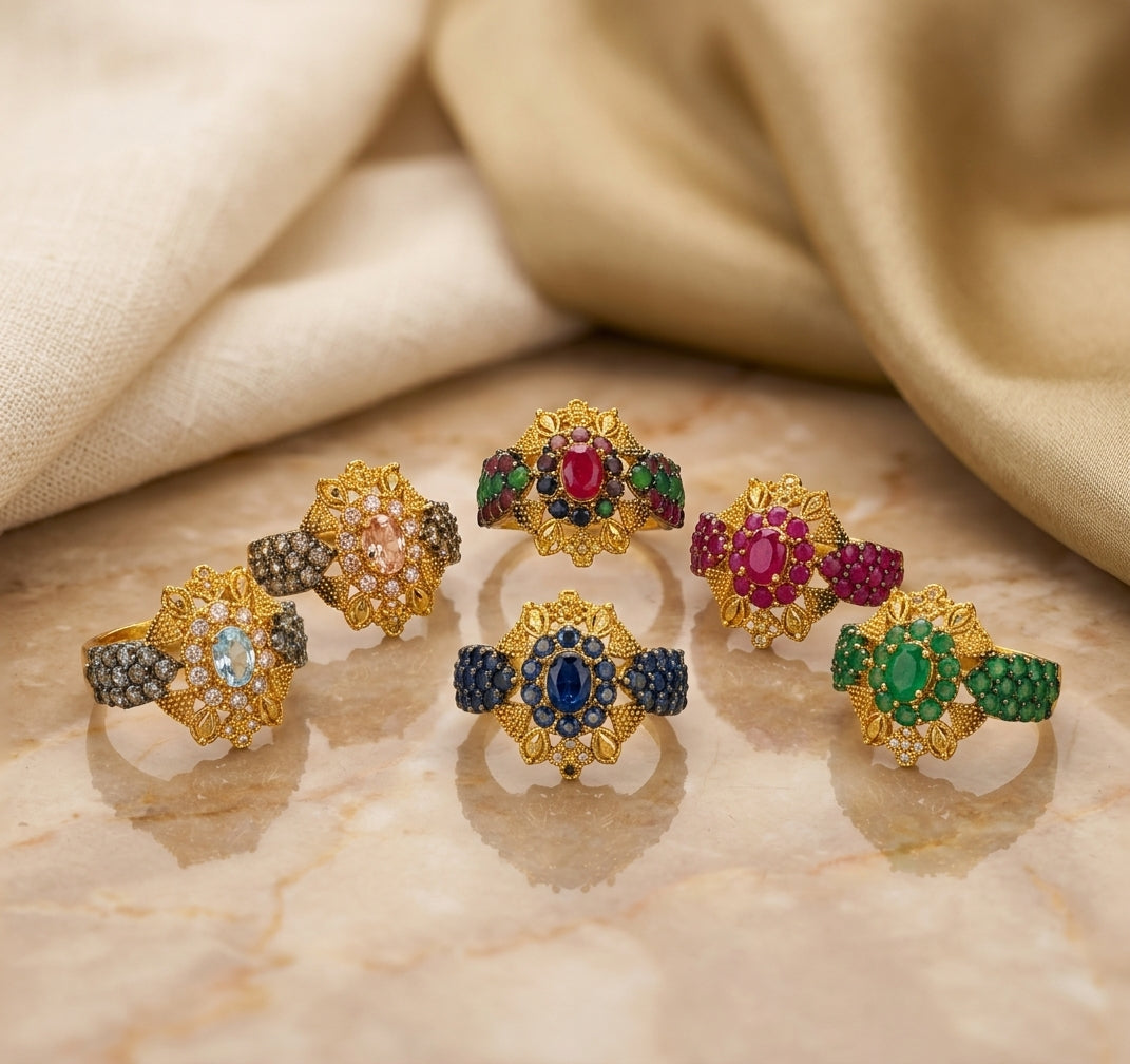 Elegant Golden Floral Rings for Women – Multicolour Crystal Stone Traditional Jewellery Collection