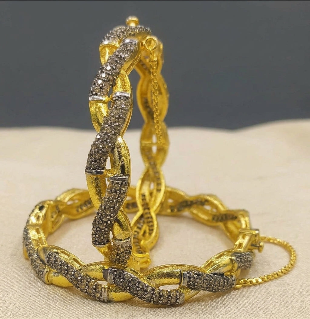Exquisite 22K Gold-Plated Intertwined Bamboo Designer Bangles with Multi-Stone & Pearl Accents
