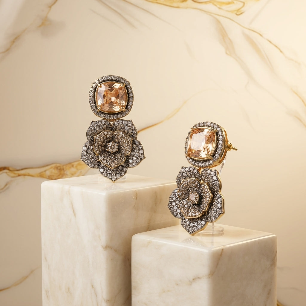 Luxury Gold Plated Quality Floral Gemstone Drop Earrings
