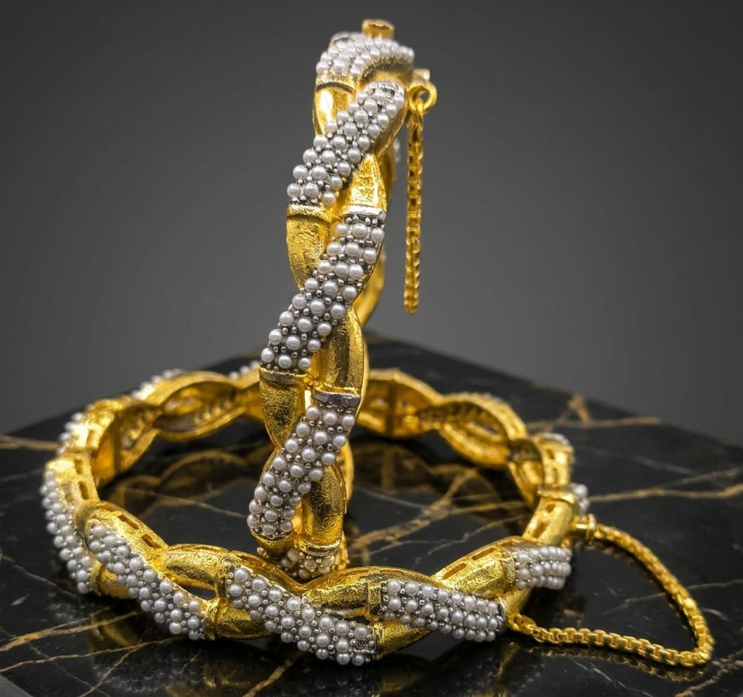 Exquisite 22K Gold-Plated Intertwined Bamboo Designer Bangles with Multi-Stone & Pearl Accents