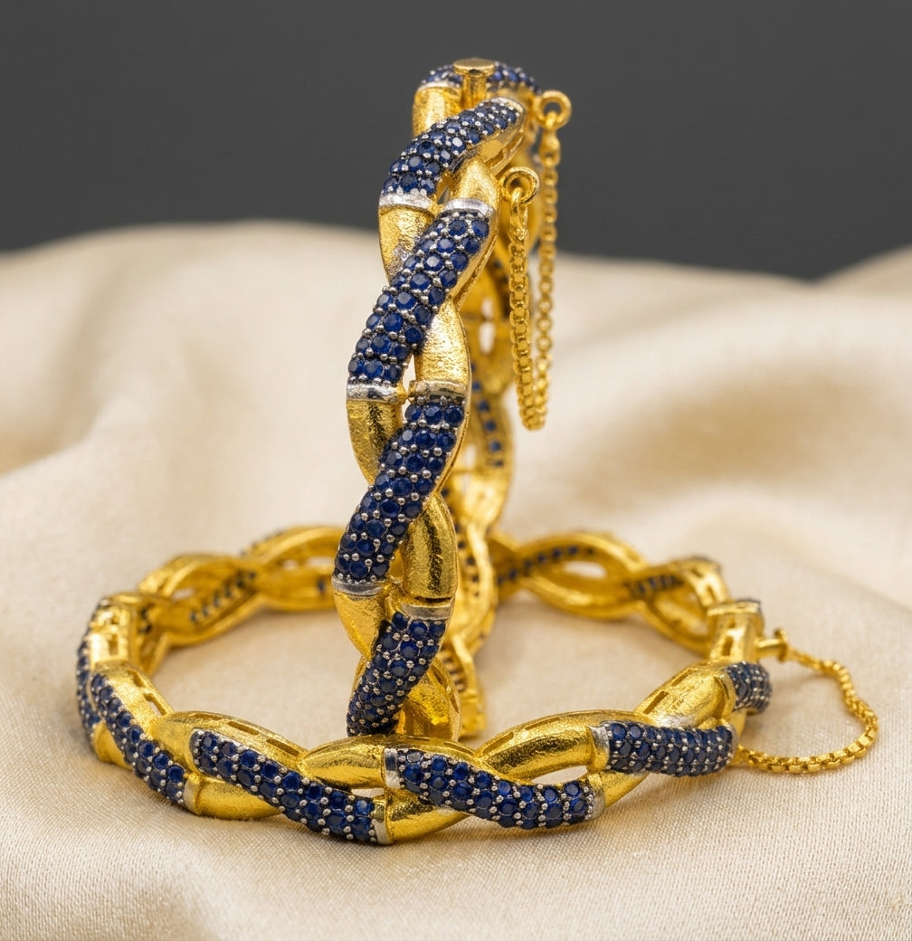Exquisite 22K Gold-Plated Intertwined Bamboo Designer Bangles with Multi-Stone & Pearl Accents