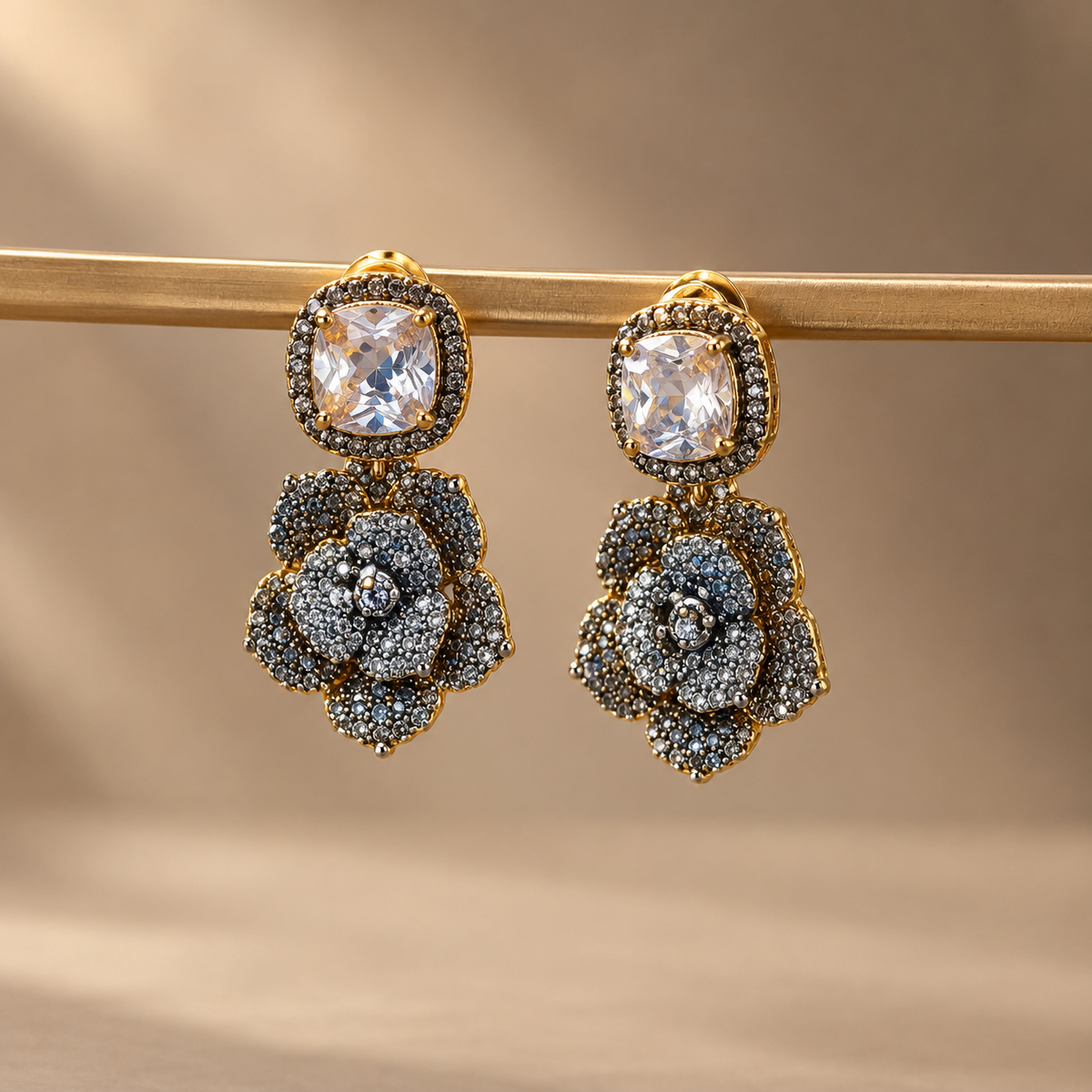 Luxury Gold Plated Quality Floral Gemstone Drop Earrings
