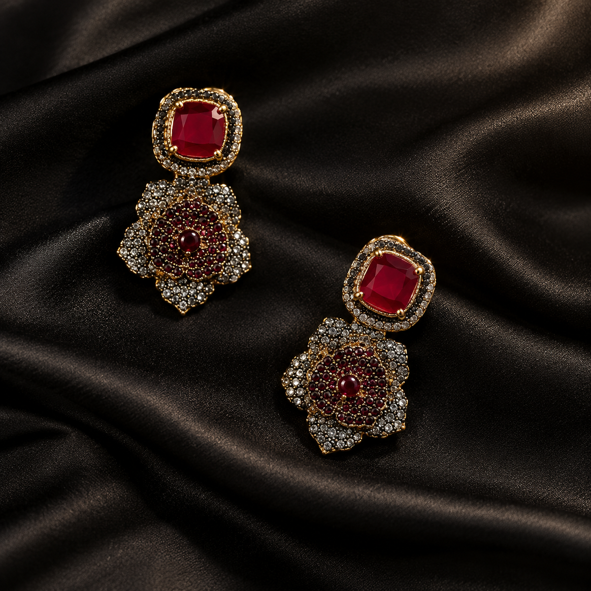 Luxury Gold Plated Quality Floral Gemstone Drop Earrings