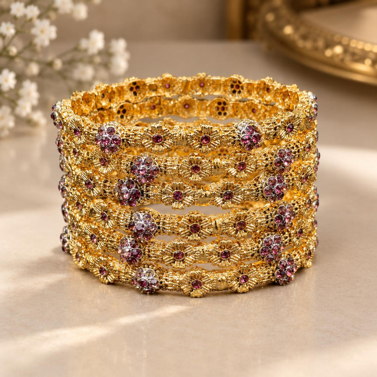 Royal Multicolor Stone Gold-Plated Bangle Set – Floral Traditional Bangles