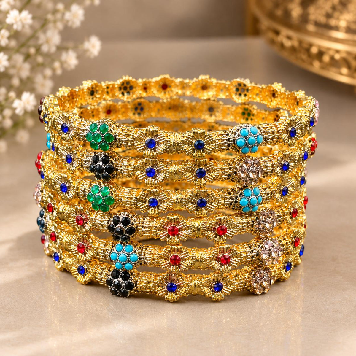 Royal Multicolor Stone Gold-Plated Bangle Set – Floral Traditional Bangles
