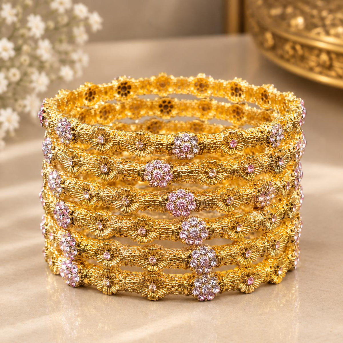 Royal Multicolor Stone Gold-Plated Bangle Set – Floral Traditional Bangles