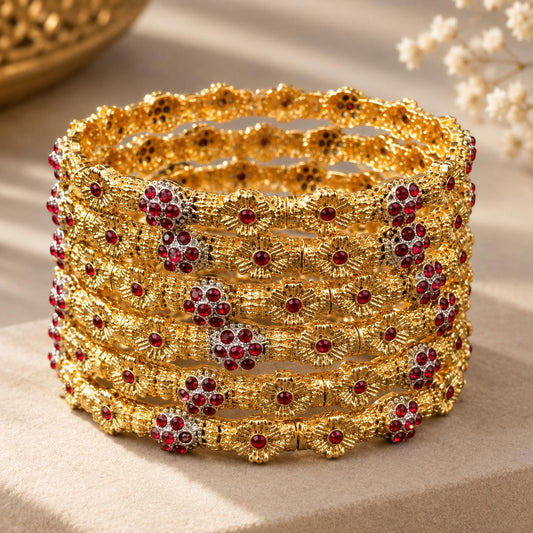 Royal Multicolor Stone Gold-Plated Bangle Set – Floral Traditional Bangles