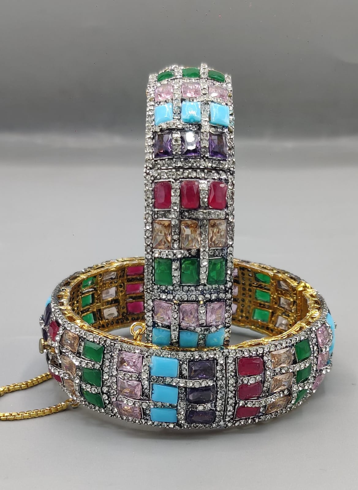 Multicolor Gemstone & Diamond-Style Pavé Luxury Bangle