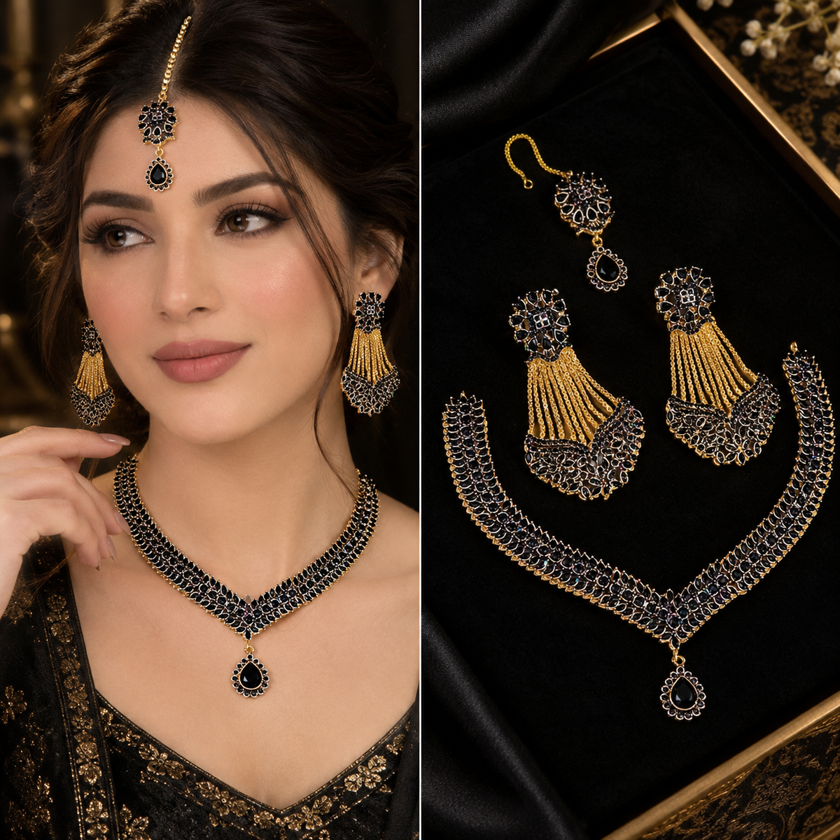 Luxury Gemstone Necklace Set with Earrings & Maang Bindiya