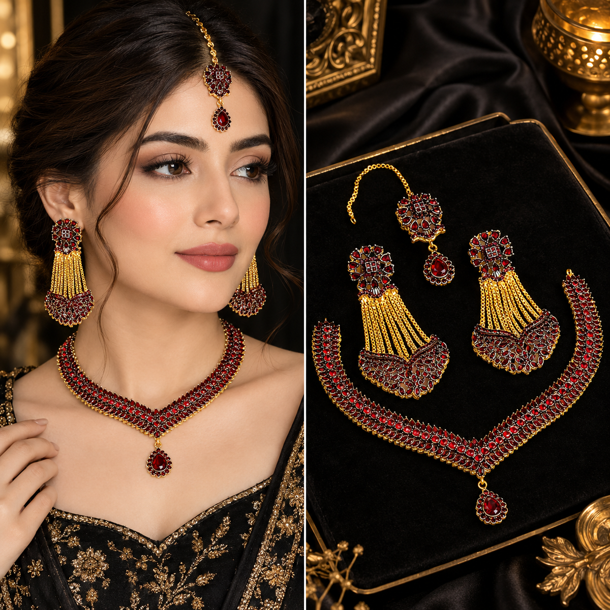 Luxury Gemstone Necklace Set with Earrings & Maang Bindiya
