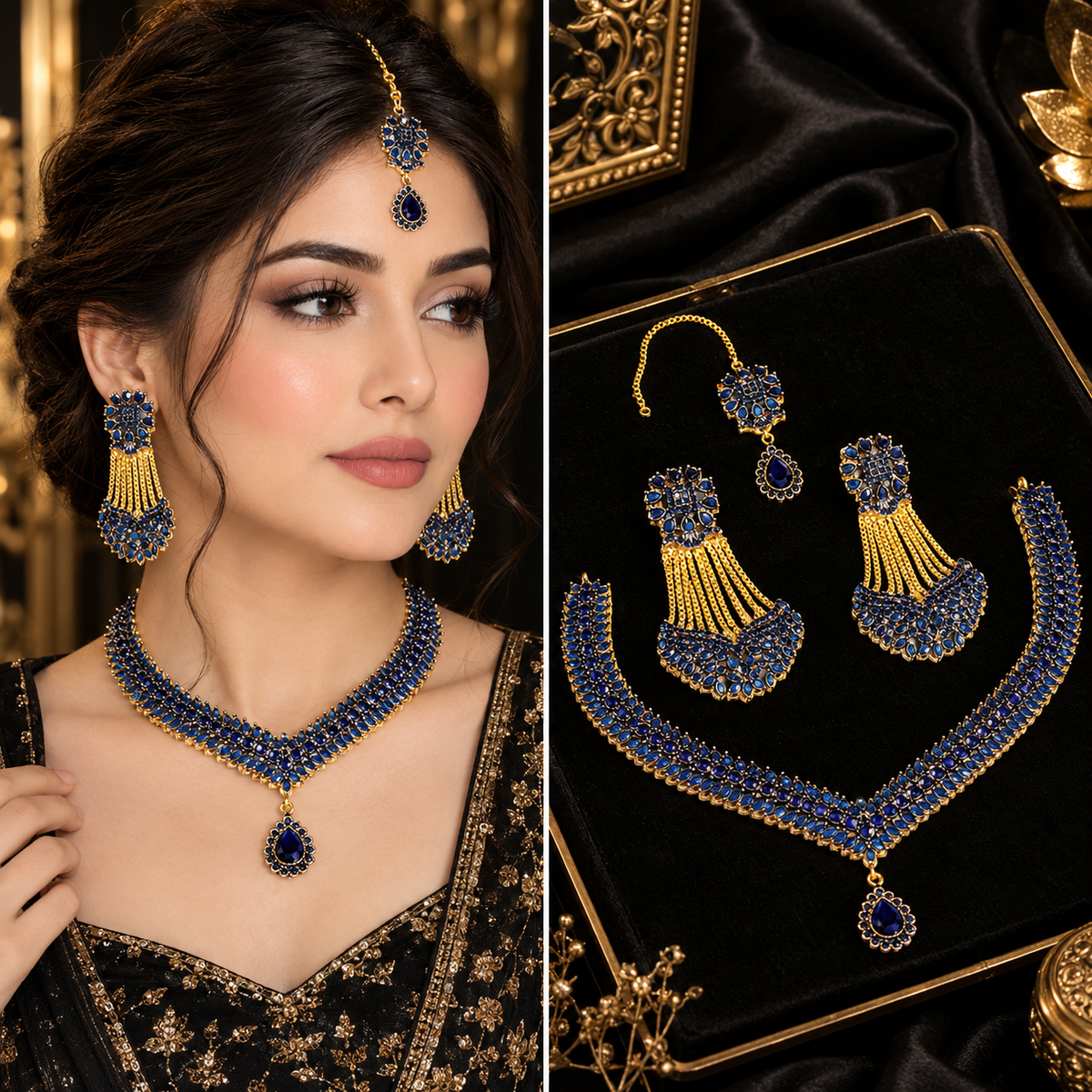 Luxury Gemstone Necklace Set with Earrings & Maang Bindiya
