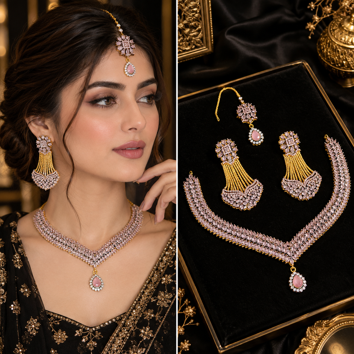 Luxury Gemstone Necklace Set with Earrings & Maang Bindiya