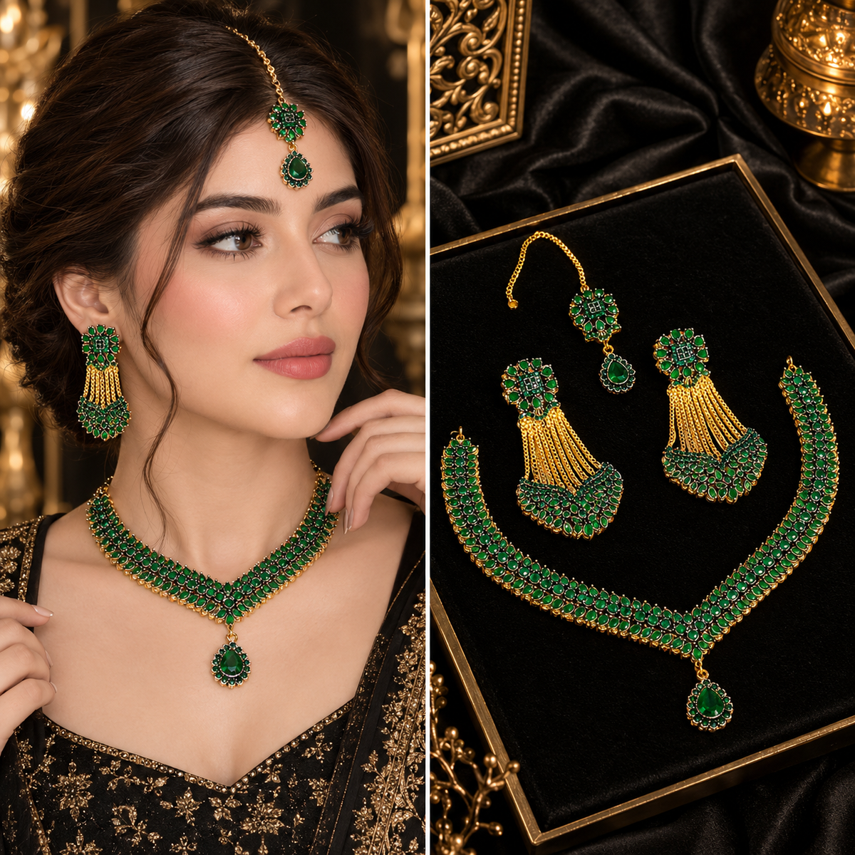 Luxury Gemstone Necklace Set with Earrings & Maang Bindiya