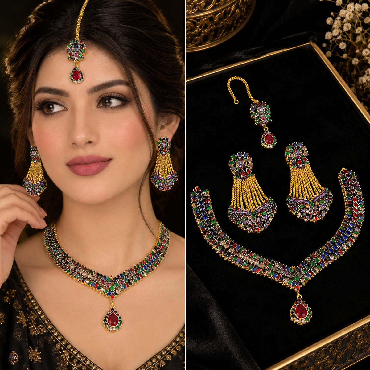 Luxury Gemstone Necklace Set with Earrings & Maang Bindiya