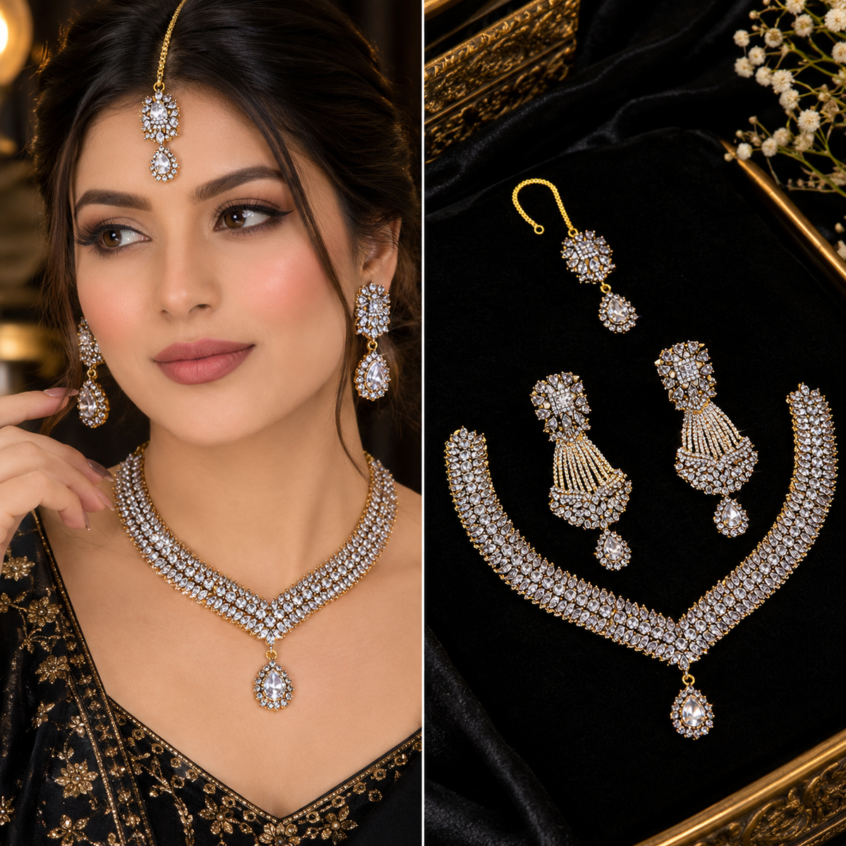 Luxury Gemstone Necklace Set with Earrings & Maang Bindiya