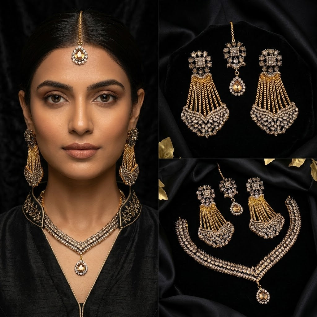 Luxury Gemstone Necklace Set with Earrings & Maang Bindiya