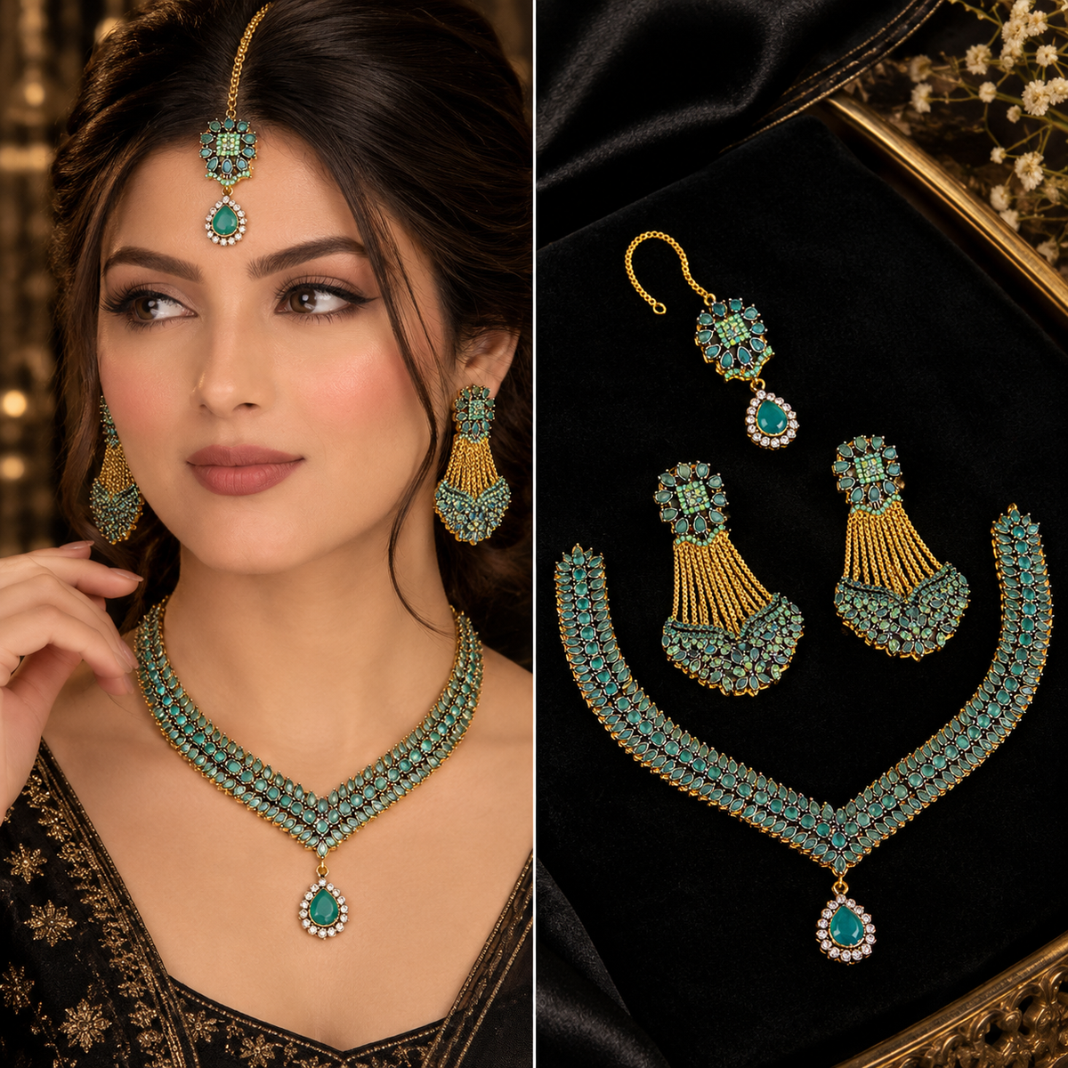 Luxury Gemstone Necklace Set with Earrings & Maang Bindiya